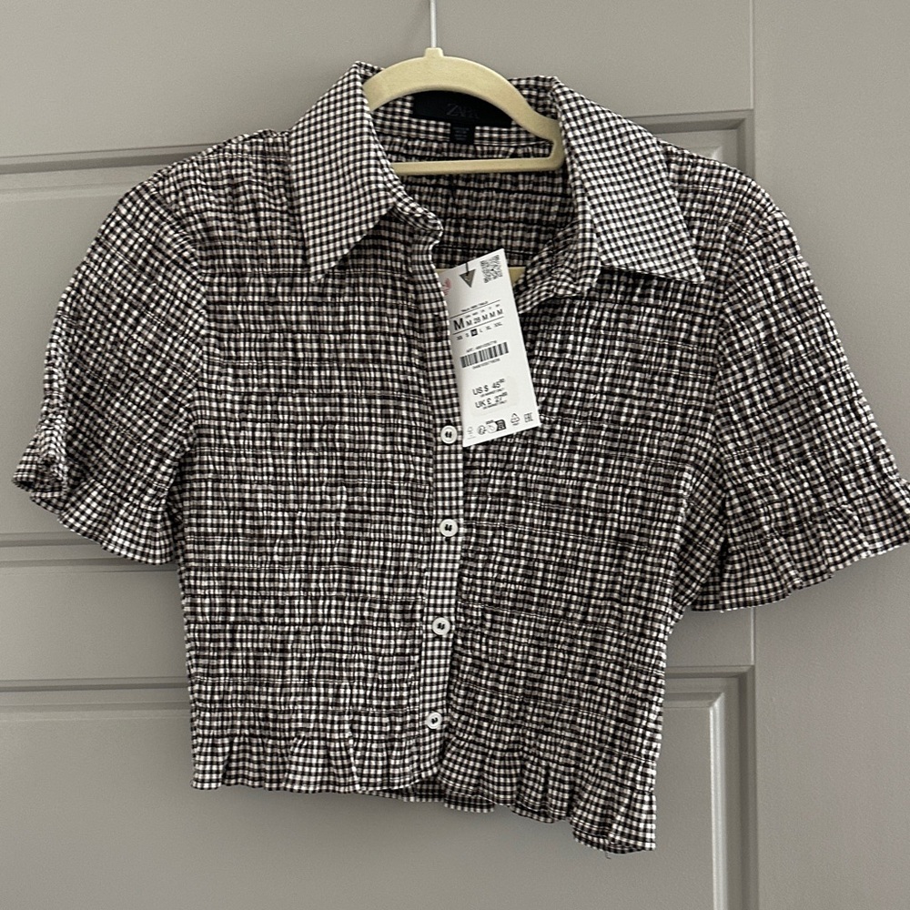 Zara Checkered Button-Up Crop Top
